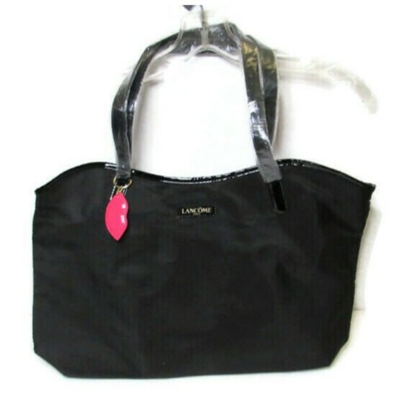 Lancome Paris Black Tote Bag with Eiffel Tower Lining and Pink Lips Charm NEW - Picture 1 of 7